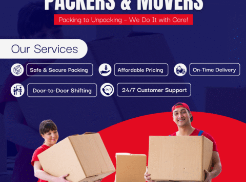 Blue and Red Minimalist Packers and Movers Company Services Promotion Instagram Post
