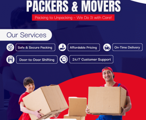Blue and Red Minimalist Packers and Movers Company Services Promotion Instagram Post